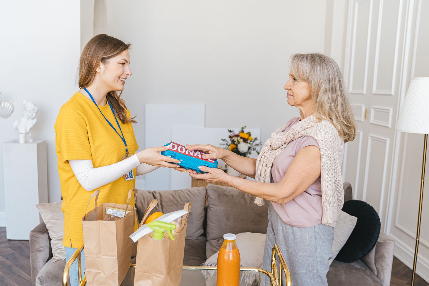 A support worker helping an older woman with her shopping at home